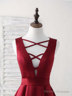 Simple V Neck Burgundy Short Prom Dress Satin Homecoming Dress