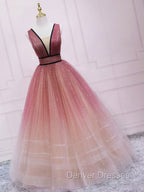 Simple V Neck Burgundy Tulle Long Prom Dress, Tulle Formal Dress