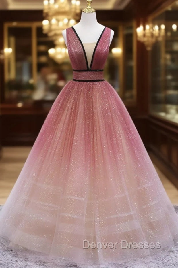 Simple V Neck Burgundy Tulle Long Prom Dress, Tulle Formal Dress Main image