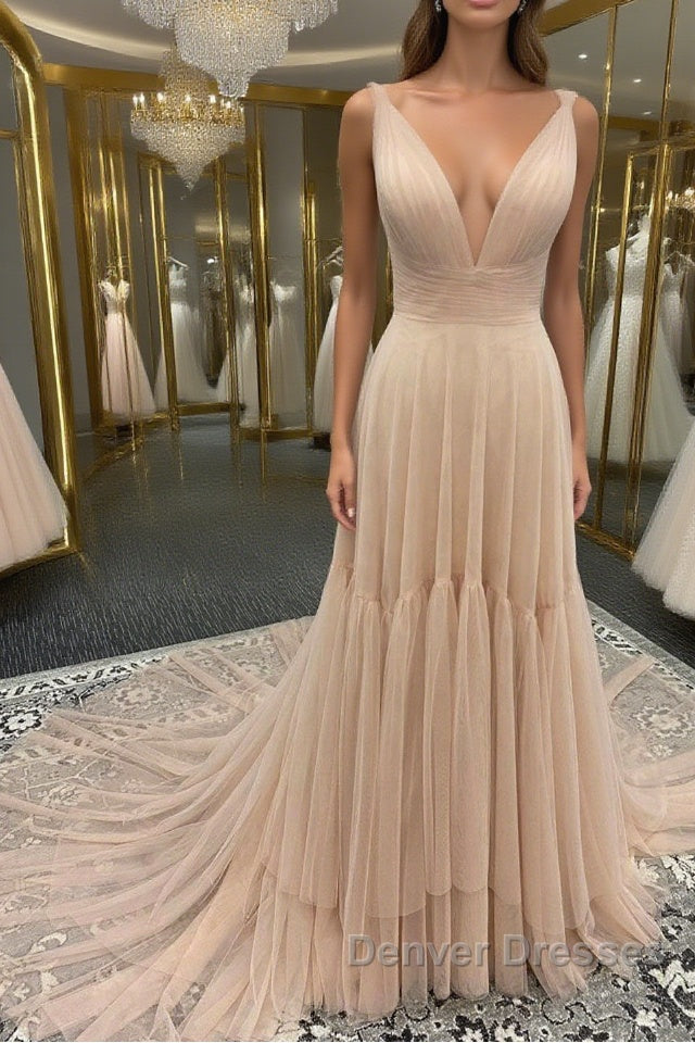 Simple v neck champagne tulle long prom Dress, champagne evening Dress Main image