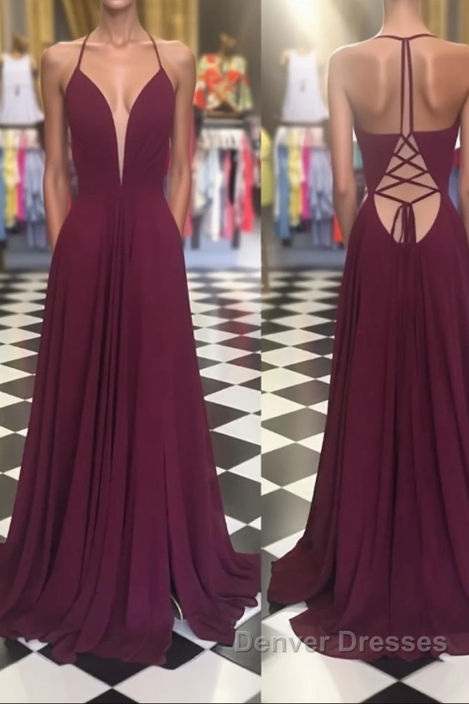 Simple v neck chiffon backless long prom Dress, Burgundy evening Dress