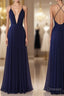 Simple V Neck Dark Blue Tulle Long Prom Dress, Evening Dress