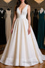Simple V Neck Ivory Satin Long Prom Dress, Open Back Ivory Formal Evening Dress, Ivory Wedding Dress