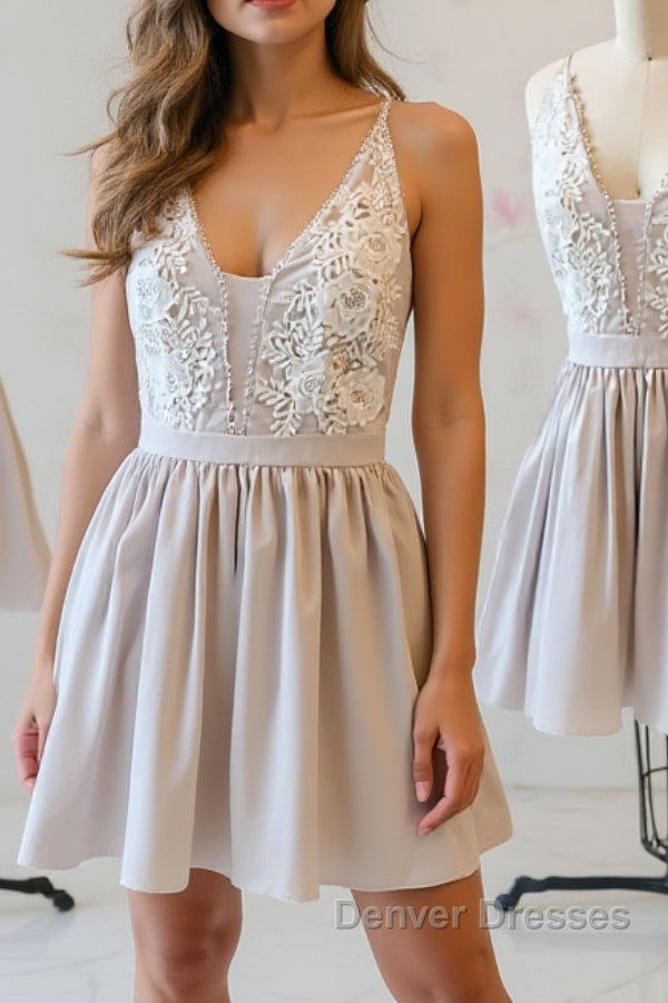 Simple v neck lace short prom Dress, homecoming Dress