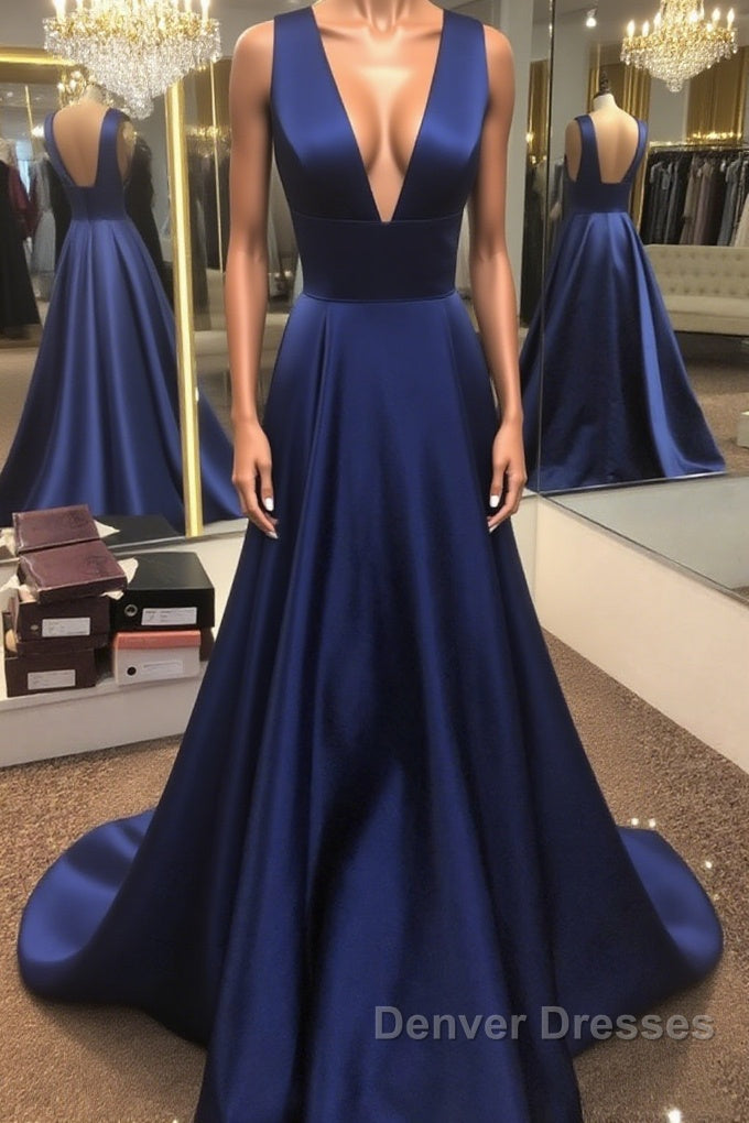 Simple V Neck Open Back Blue Long Prom Dress, V Neck Blue Formal Dress, Blue Evening Dress Main image