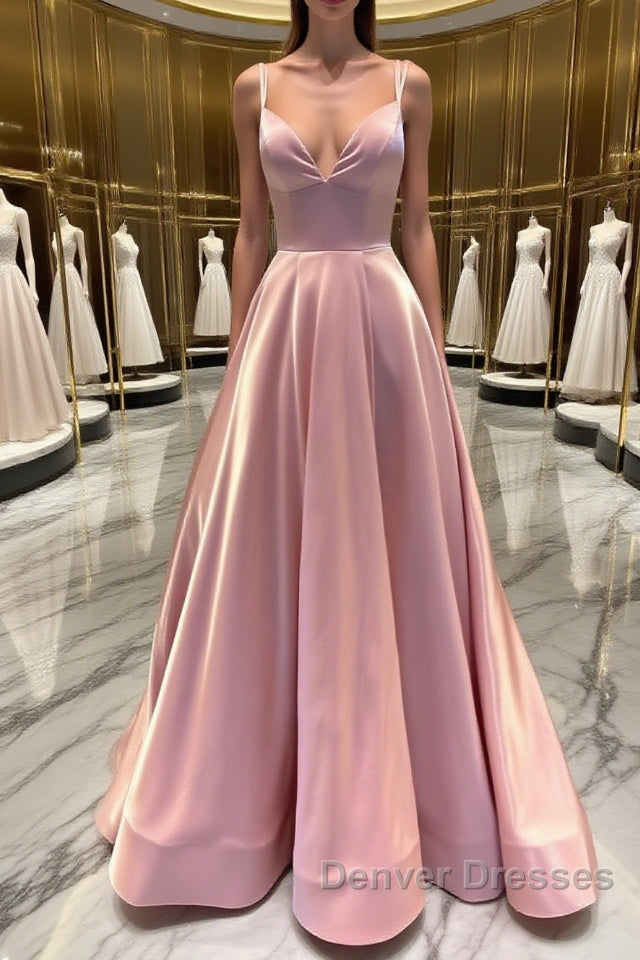 Simple v neck pink satin long prom Dress pink formal Dress Main image