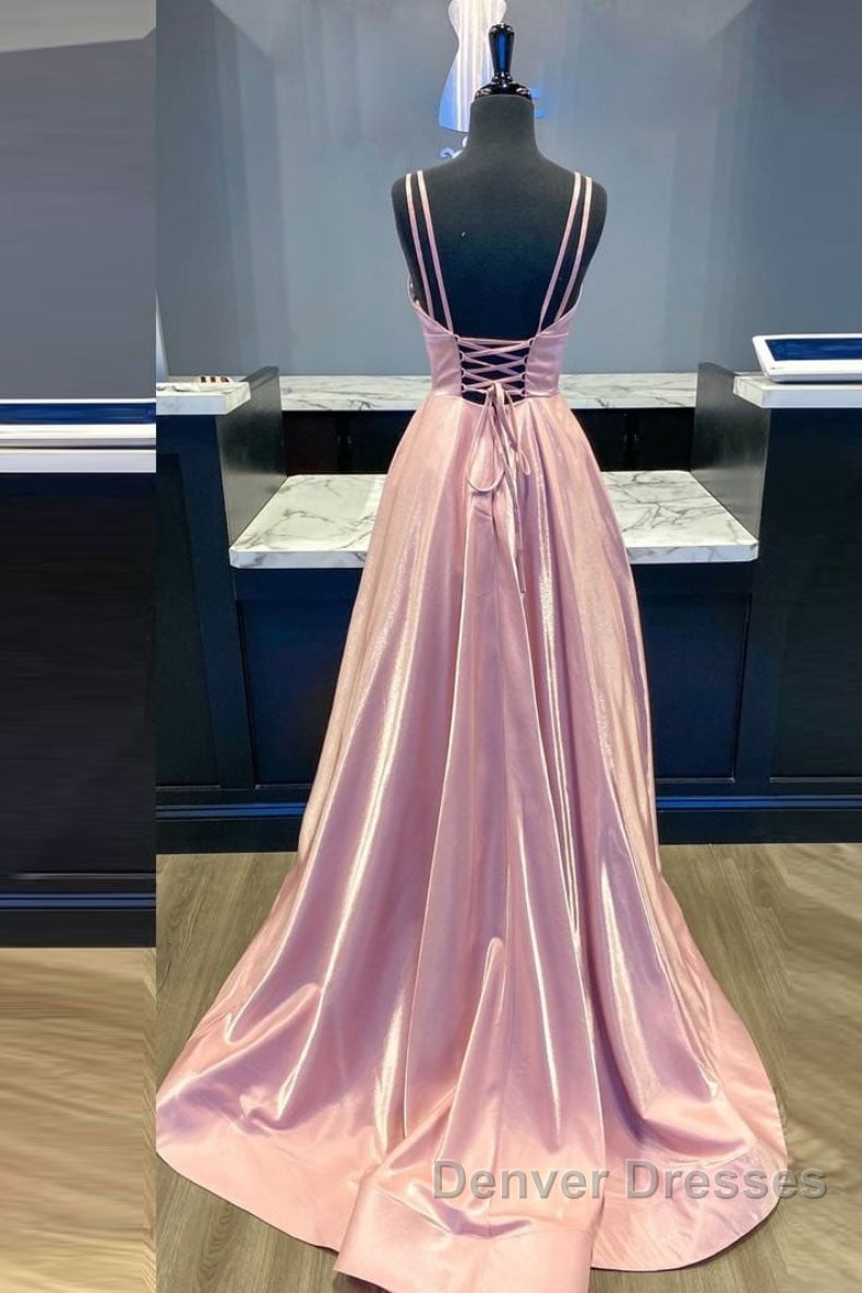 Simple v neck pink satin long prom Dress pink formal Dress Secondary image