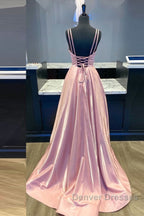 Simple v neck pink satin long prom Dress pink formal Dress