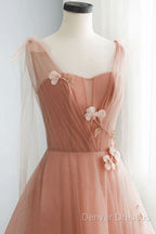 Simple V Neck Pink Tulle Long Prom Dress Pink Tulle A Line Evening Dress