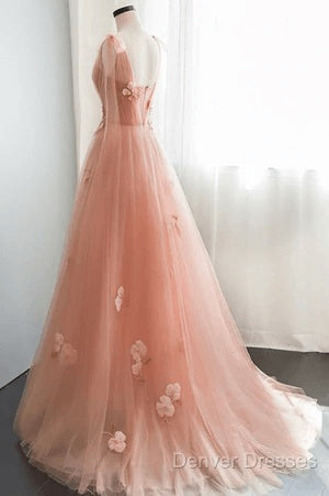 Simple V Neck Pink Tulle Long Prom Dress Pink Tulle A Line Evening Dress