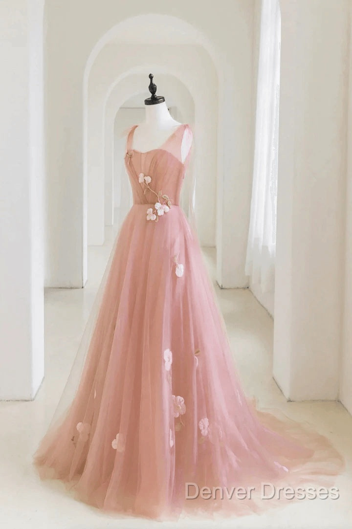 Simple V Neck Pink Tulle Long Prom Dress Pink Tulle A Line Evening Dress