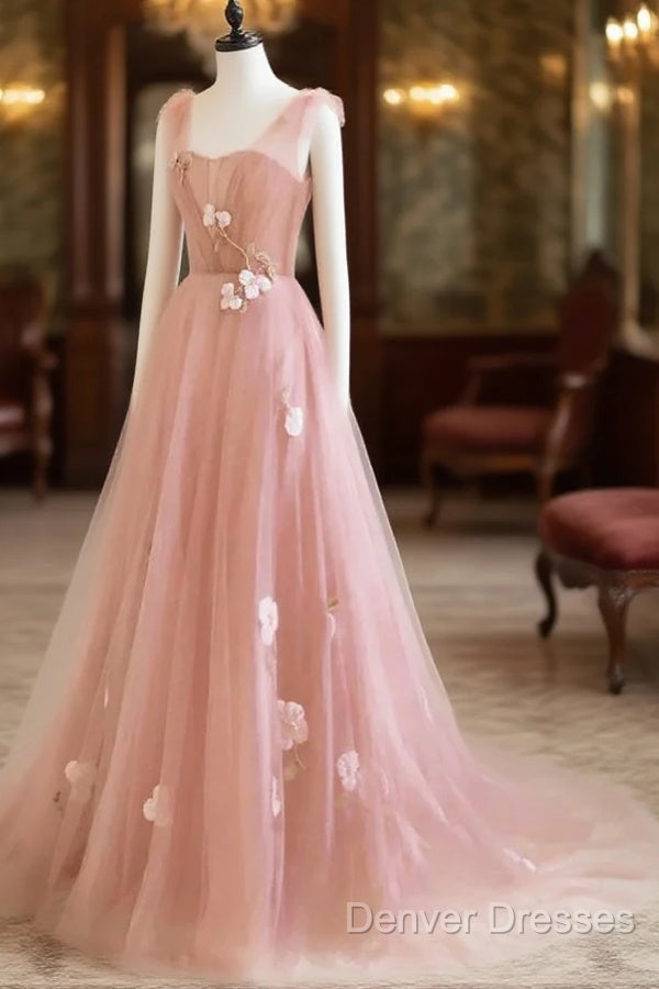 Simple V Neck Pink Tulle Long Prom Dress Pink Tulle A Line Evening Dress Main image