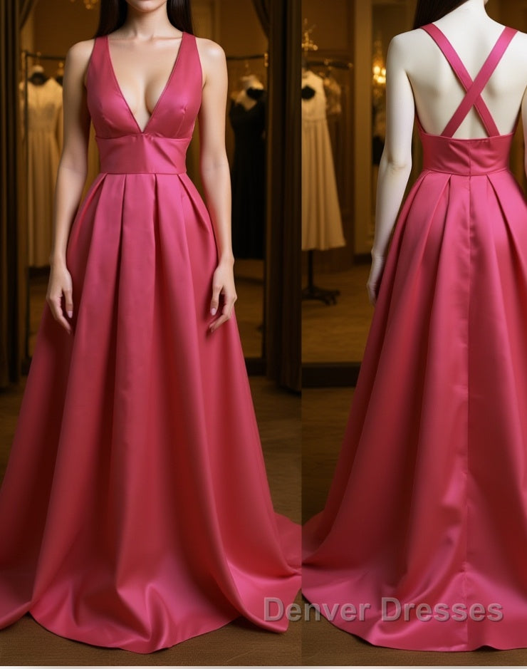 Simple V Neck Pleated Satin Long Prom Dress, V Neck Evening Dress, Formal Dress, Graduation Dress Main image