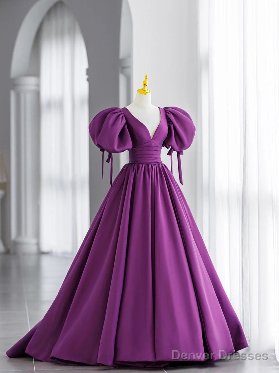 Simple V Neck Puffy Sleeves Satin Long Prom Dress, Satin Evening Dress Main image