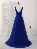 Simple V Neck Royal Blue Tulle Long Prom Dress Blue Evening Dress