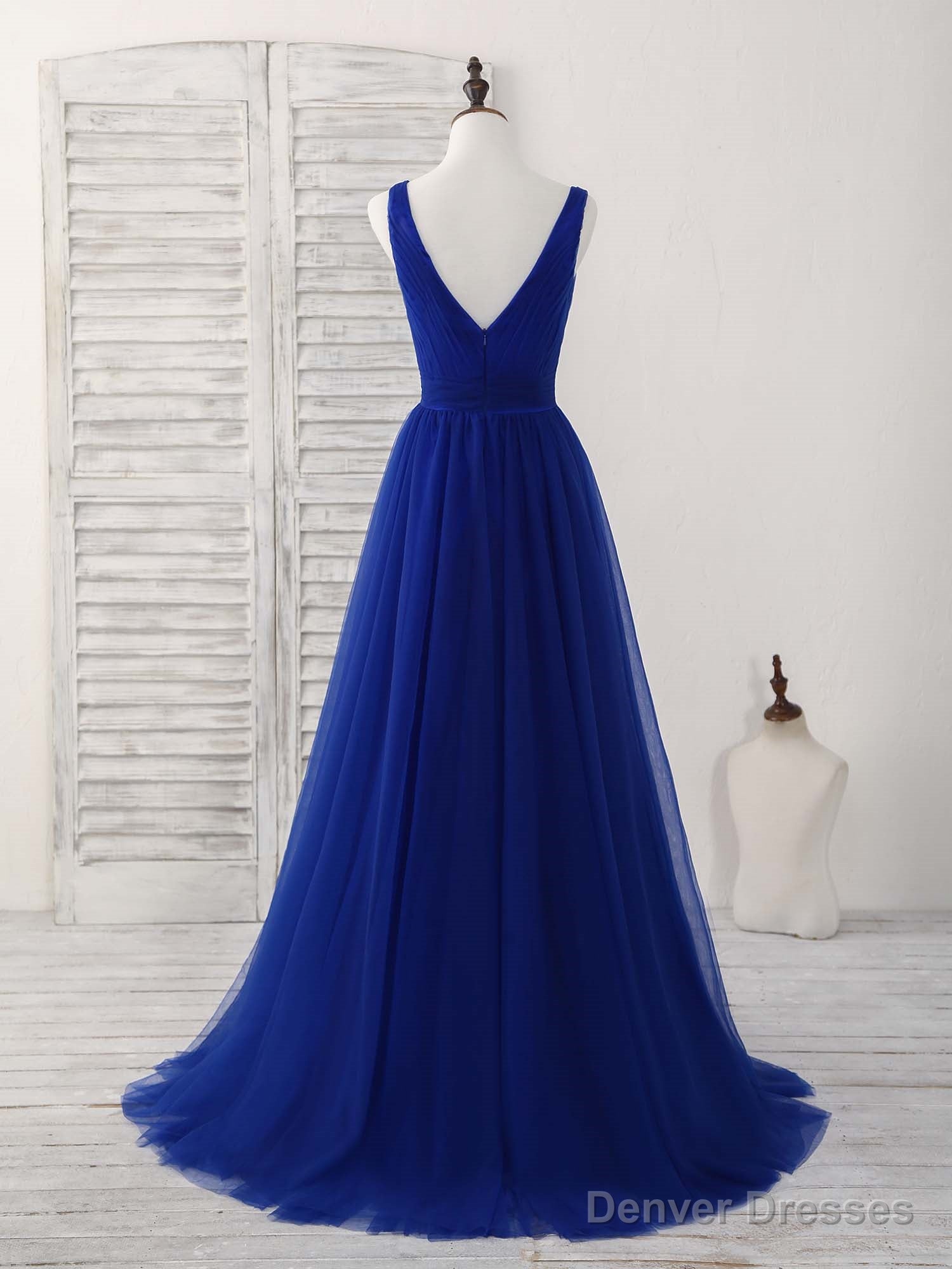 Simple V Neck Royal Blue Tulle Long Prom Dress Blue Evening Dress