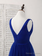 Simple V Neck Royal Blue Tulle Long Prom Dress Blue Evening Dress