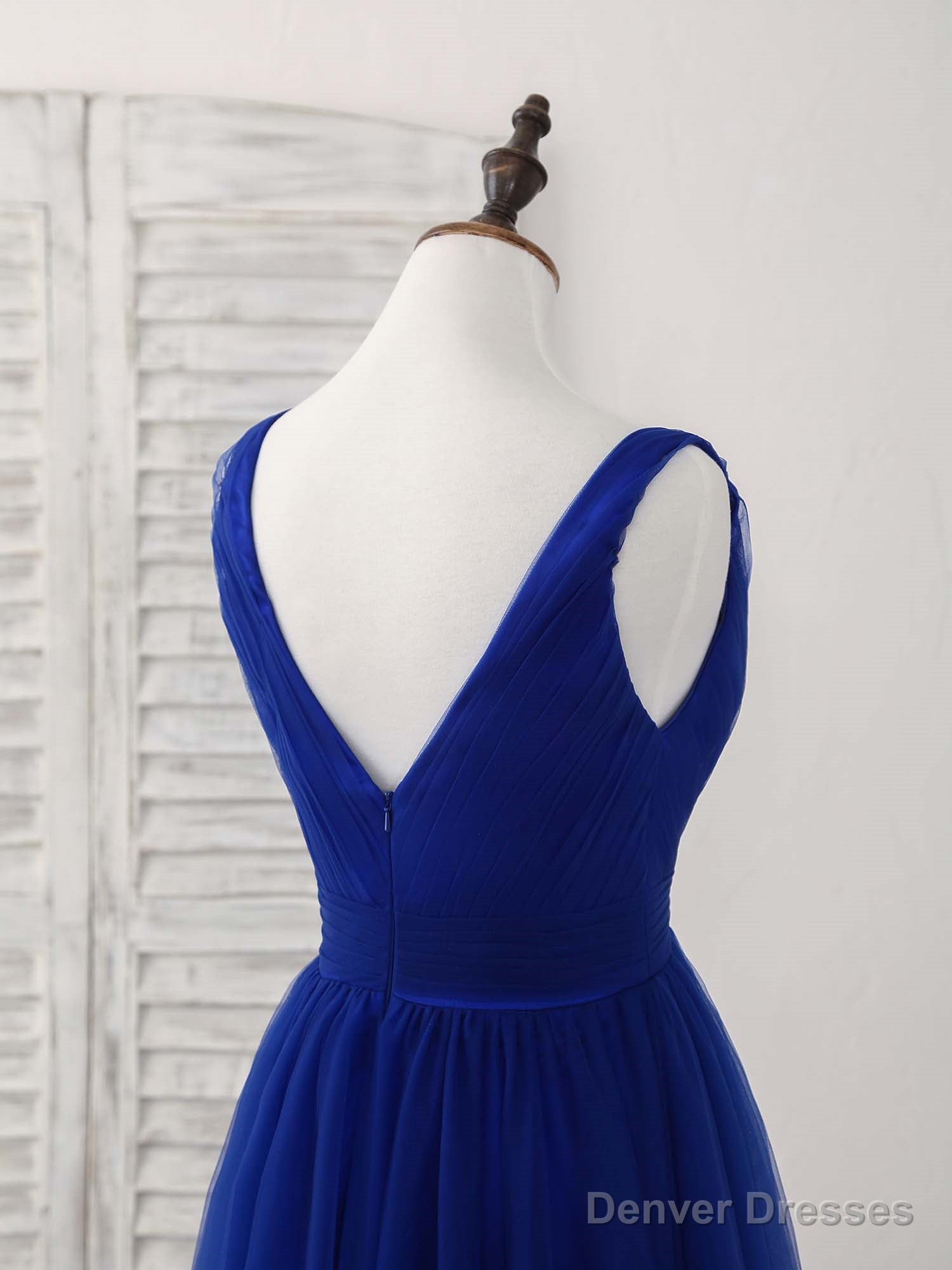 Simple V Neck Royal Blue Tulle Long Prom Dress Blue Evening Dress