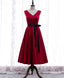 Simple V Neck Satin Burgundy Short Prom Dress, Burgundy Bridesmaid Dress