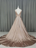 Simple v neck satin champagne long prom dress champagne evening dress