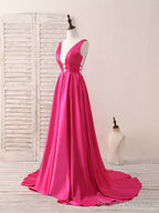 Simple V Neck Satin Long Prom Dress Backless Evening Dress