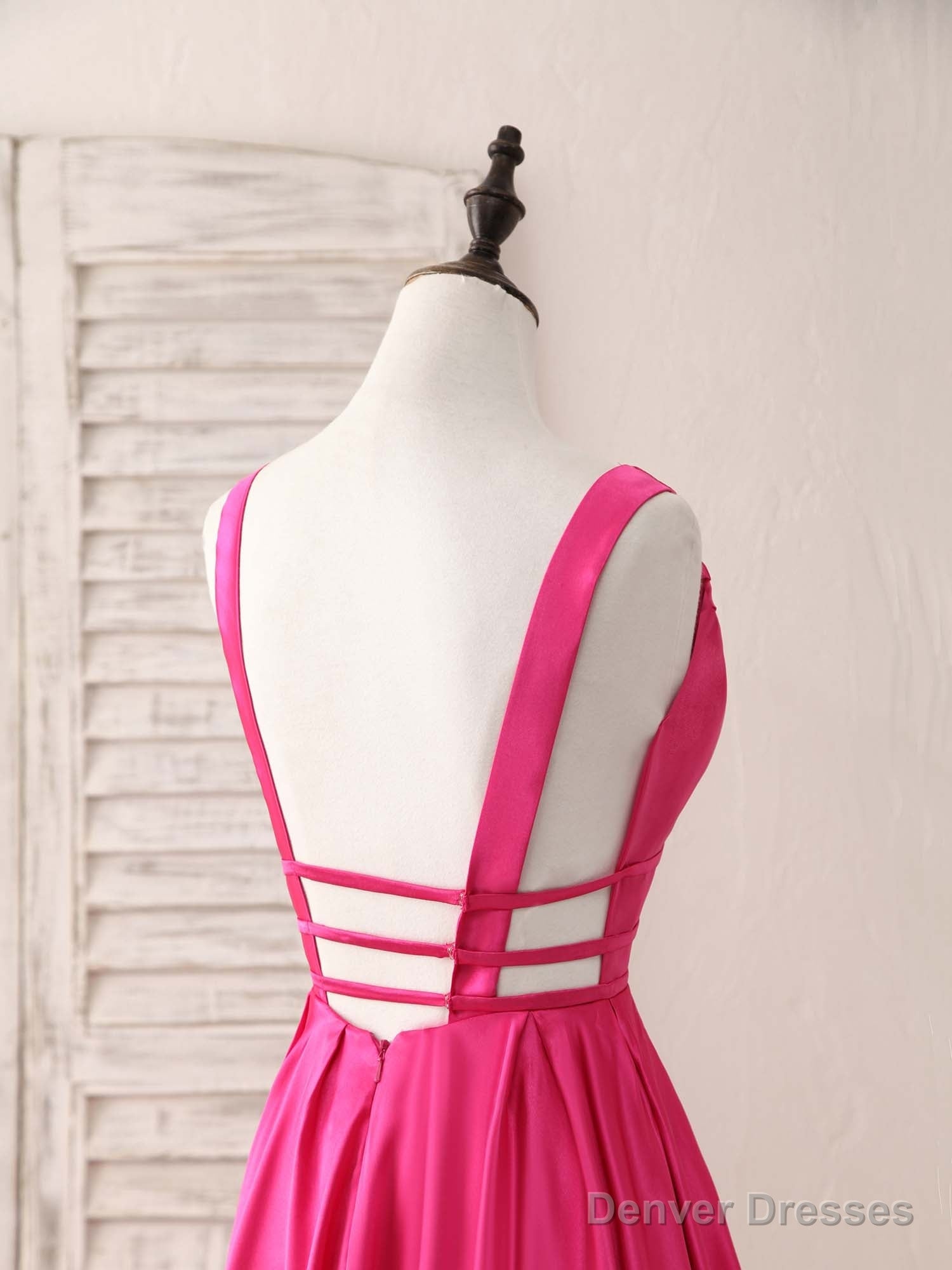 Simple V Neck Satin Long Prom Dress Backless Evening Dress