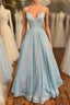 Simple v neck sequin long prom Dress, blue sequin formal Dress