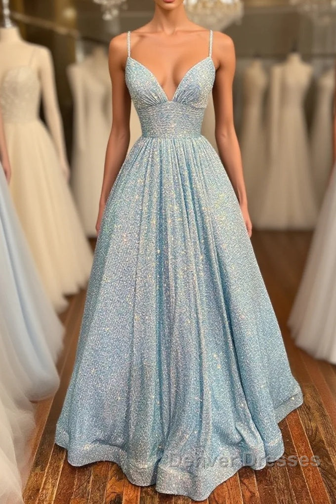 Simple v neck sequin long prom Dress, blue sequin formal Dress
