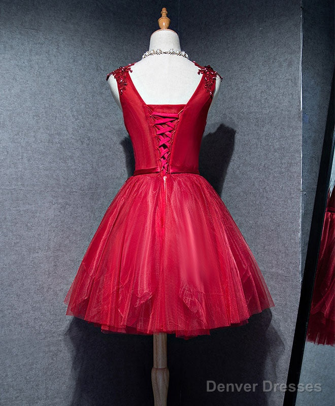 Simple V Neck Tulle Burgundy Homecoming Dress,  Burgundy Prom Dress Secondary image