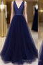 Simple V Neck Tulle Long Prom Dress, Dark Blue Evening Dress