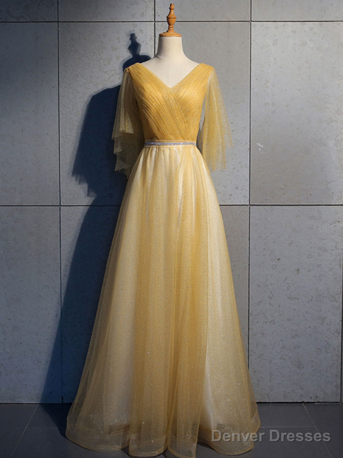 Simple V Neck Tulle Sequin Long Prom Dress, A line Tulle Evening Dresses Main image