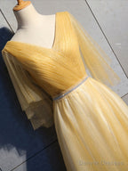 Simple V Neck Tulle Sequin Long Prom Dress, A line Tulle Evening Dresses