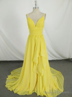 Simple V Neck Yellow Chiffon Long Prom Dress, Yellow Evening Dress