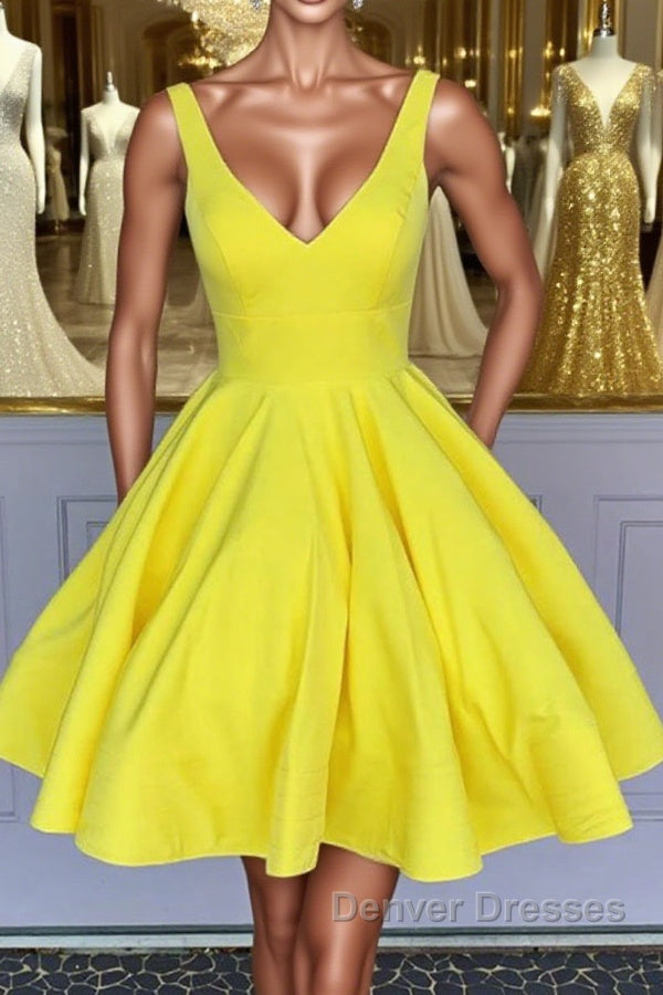 Simple V Neck Yellow Short Prom Dress, V Neck Yellow Homecoming Dress, Yellow Graduation Formal Evening Dress Main image