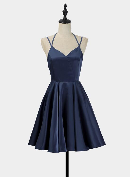 Simple V-Neckline Short Straps Halter Homecoming Dress,Teen Dress, Summer Dress