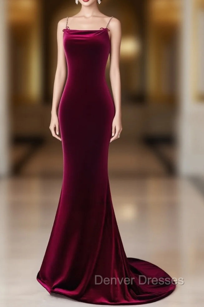 Simple Velvet Mermaid Burgundy Long Prom Dress, Burgundy Long Formal Dress Main image