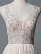 Simple Wedding Dress A Line V Neck Sleeveless Applique Beaded Floor Length Bridal Dresses