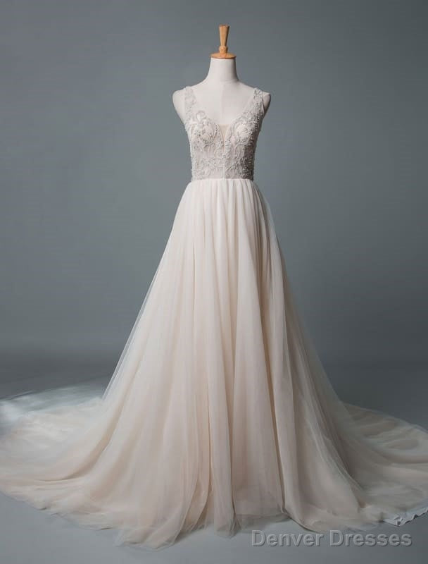 Simple Wedding Dress A Line V Neck Sleeveless Applique Beaded Floor Length Bridal Dresses Main image