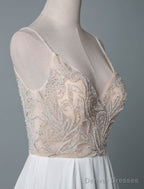 Simple Wedding Dress A Line V Neck Sleeveless Embroidered Chiffon Bridal Dresses With Train