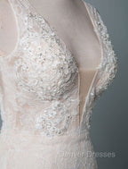 Simple Wedding Dress Lace A Line V Neck Sleeveless Beaded Floor Length Feather Bridal Gowns