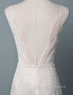 Simple Wedding Dress Lace A Line V Neck Sleeveless Beaded Floor Length Feather Bridal Gowns