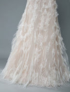 Simple Wedding Dress Lace A Line V Neck Sleeveless Beaded Floor Length Feather Bridal Gowns