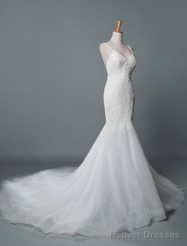 Simple Wedding Dress Lace V Neck Sleeveless Lace Mermaid Bridal Dresses With Train Secondary image