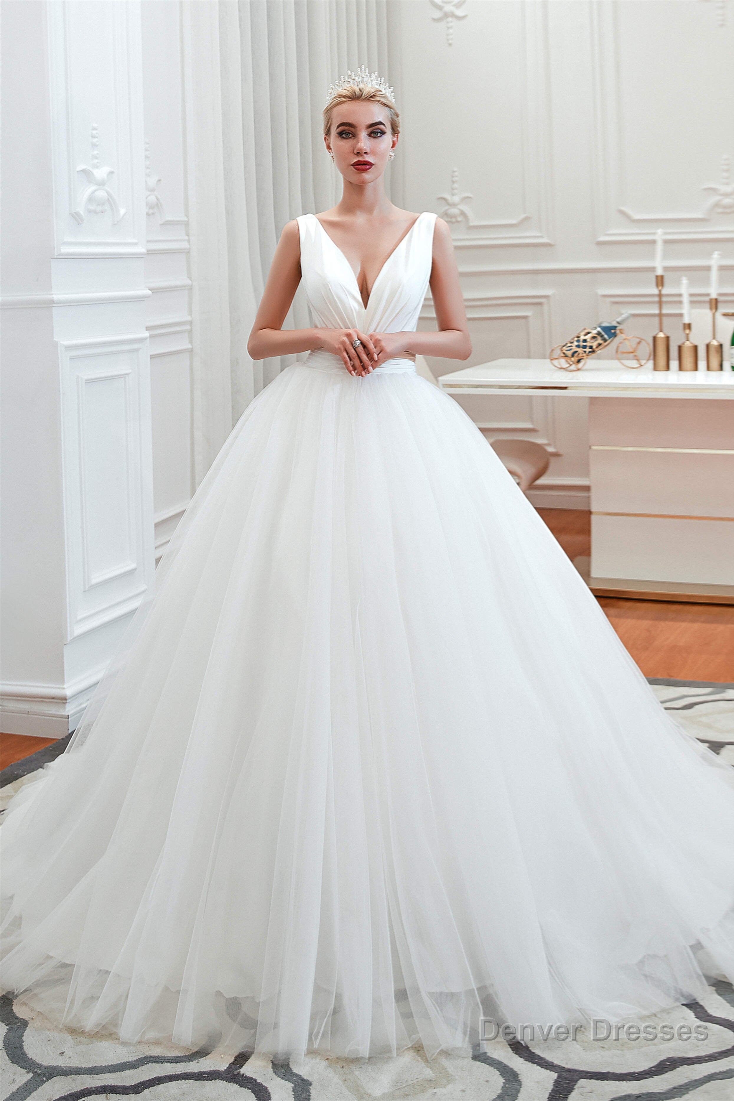 Simple White A Line V Neck Open Back Tulle Wedding Dresses Main image