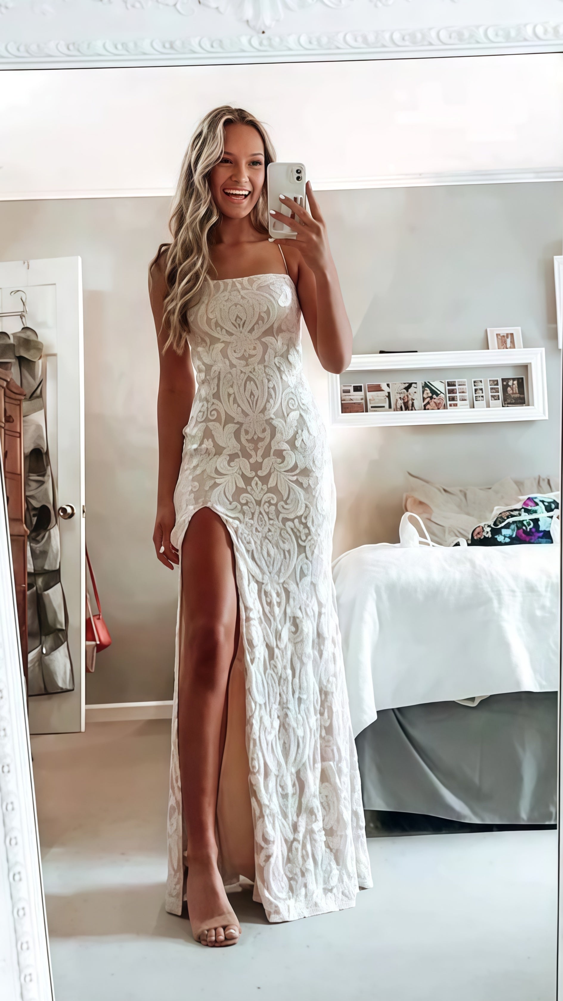 Simple White Prom Dress, Modest Slit Evening Dress, Lace Wedding Gown