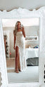 Simple White Prom Dress, Modest Slit Evening Dress, Lace Wedding Gown
