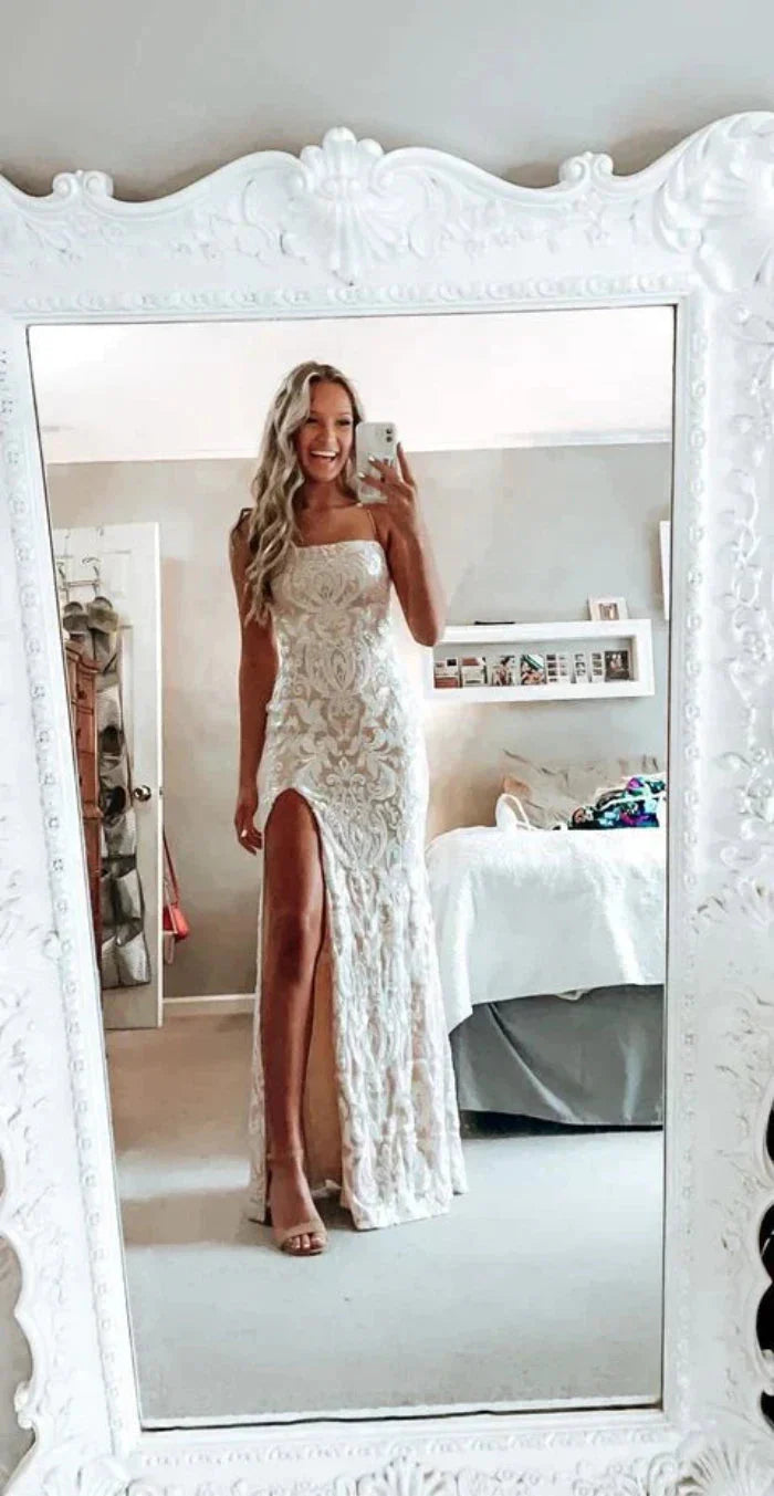 Simple White Prom Dress, Modest Slit Evening Dress, Lace Wedding Gown Main image