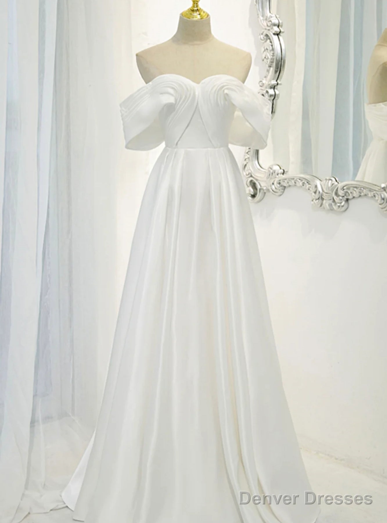 Simple White Satin Off the Shoulder Pleats Wedding Dress Main image