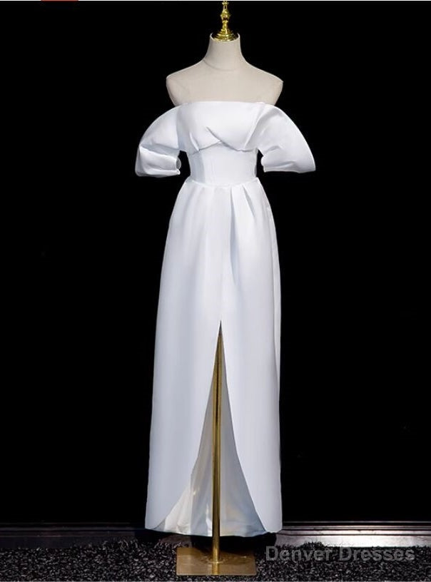 Simple White Satin Off the Shoulder Split Wedding Dress Main image