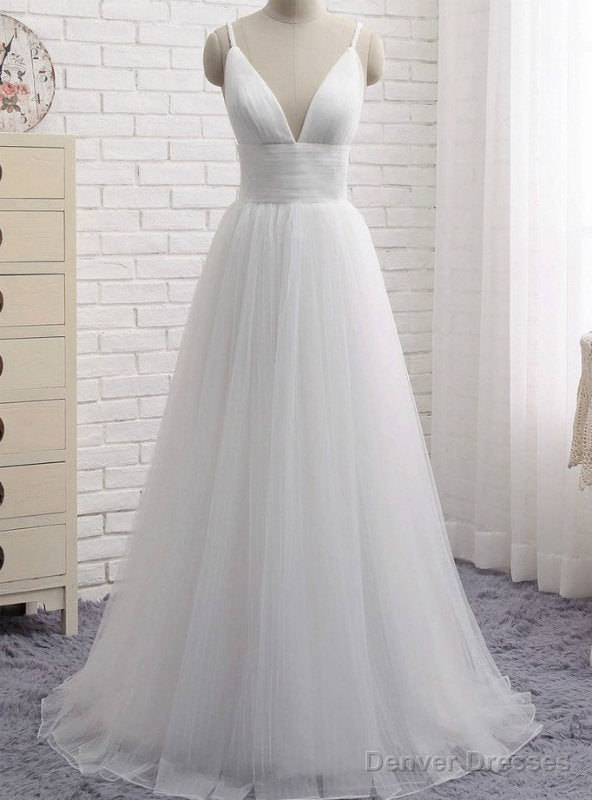 Simple White Spaghetti Straps Tulle V-neck Backless Wedding Dress